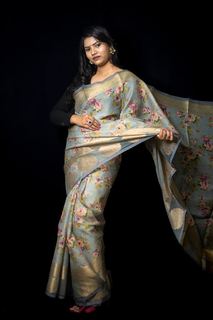 Grey Kora Tanchui Silk Saree