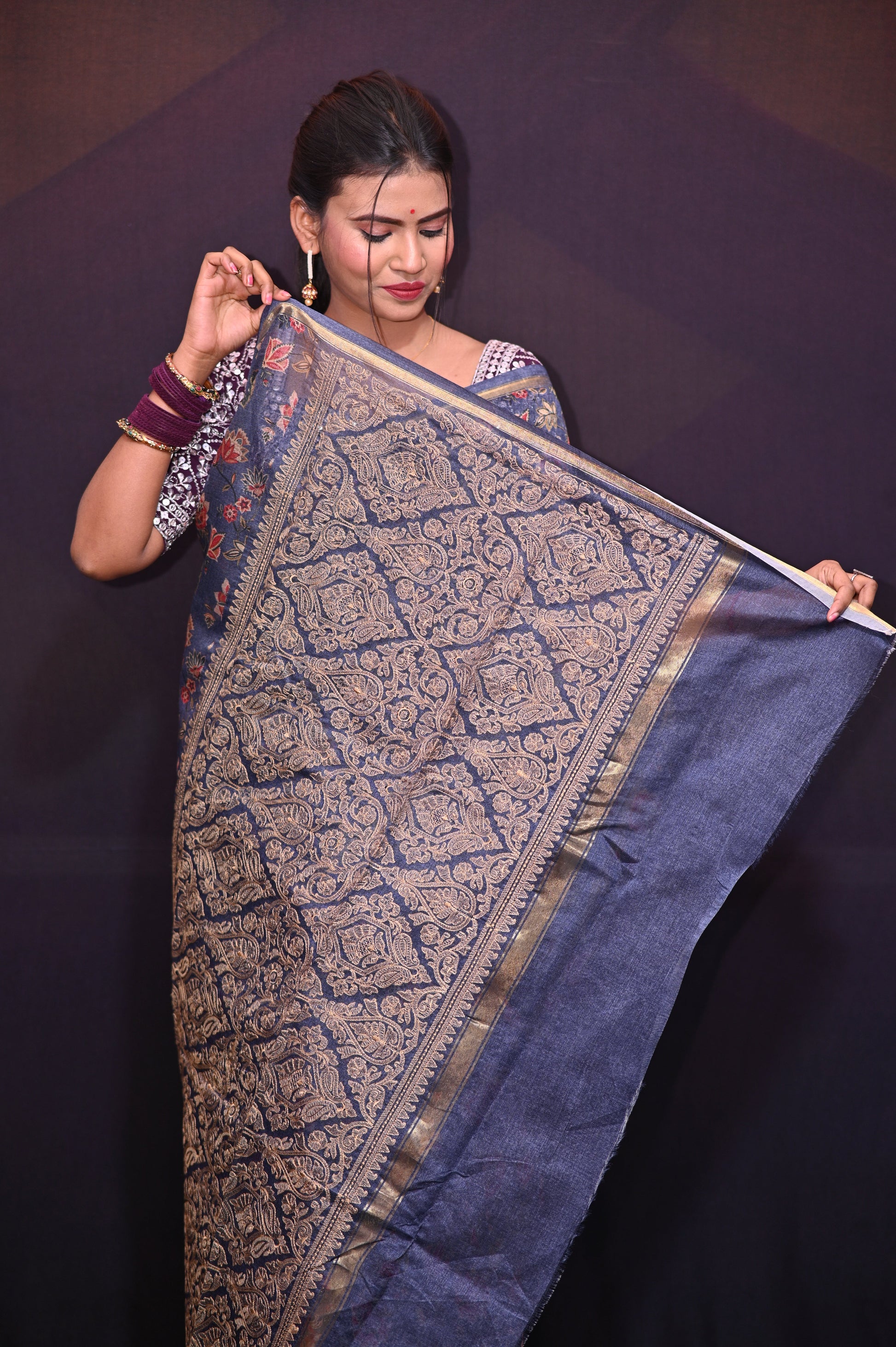 Blue Floral Printed Tissue Saree - Kavaach Kashi