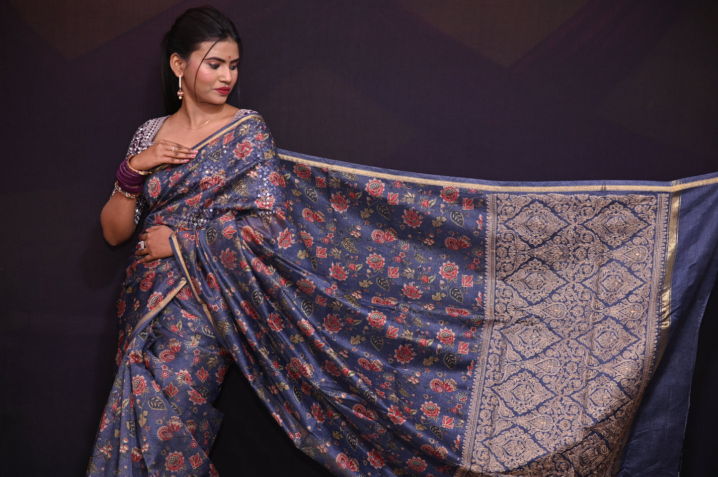 Blue Floral Printed Tissue Saree - Kavaach Kashi