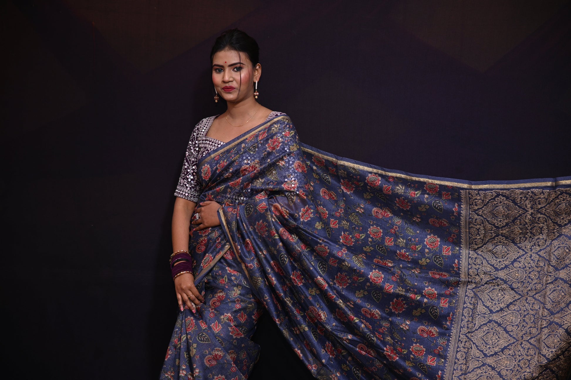 Blue Floral Printed Tissue Saree - Kavaach Kashi