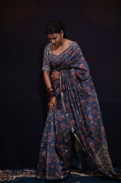 Blue Floral Printed Tissue Saree - Kavaach Kashi