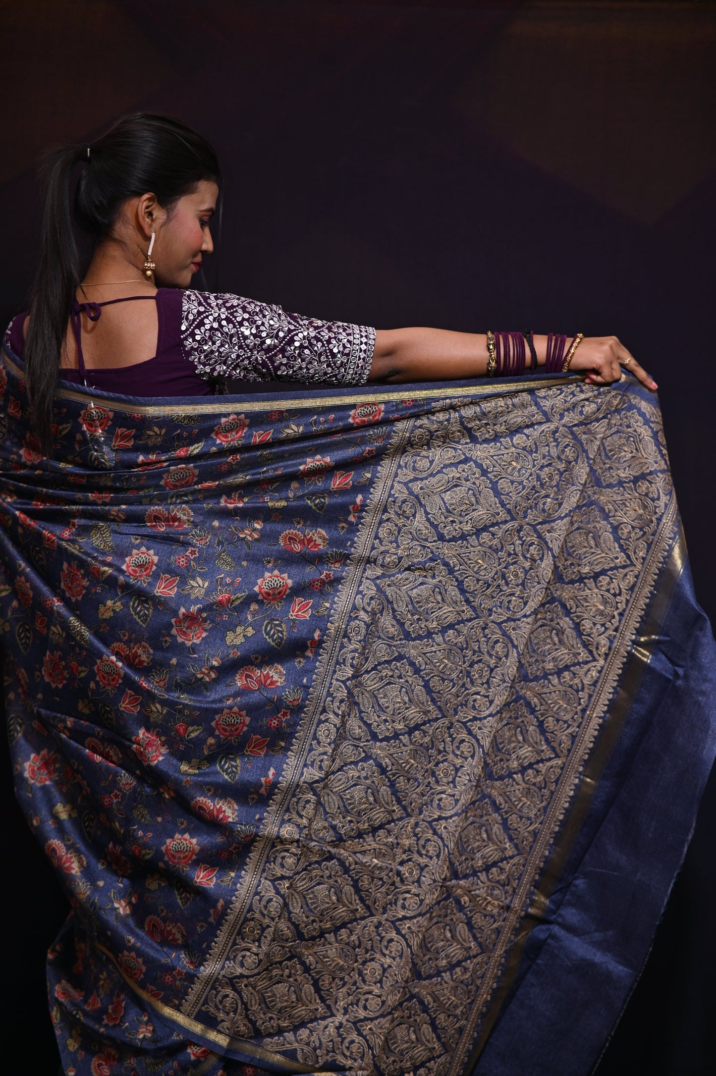 Blue Floral Printed Tissue Saree - Kavaach Kashi