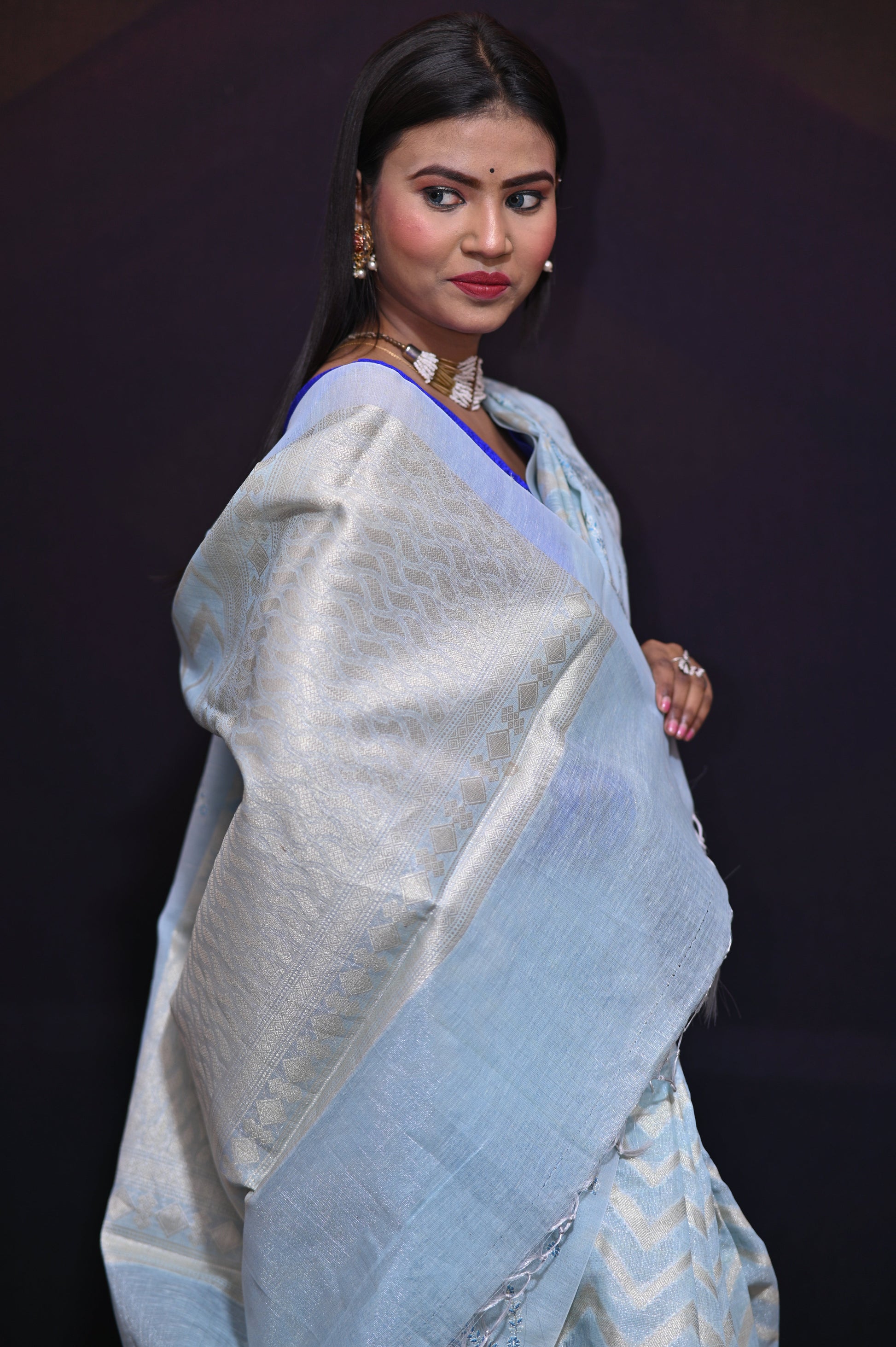 Blue Gold Tissue Saree - Kavaach Kashi