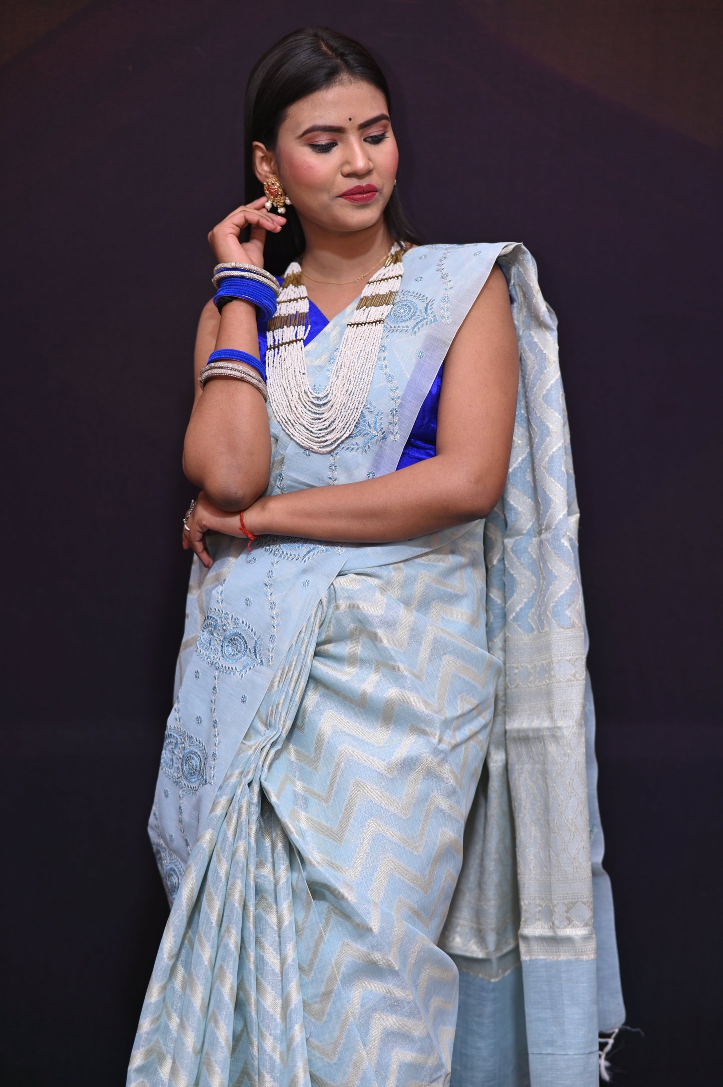 Blue Gold Tissue Saree - Kavaach Kashi