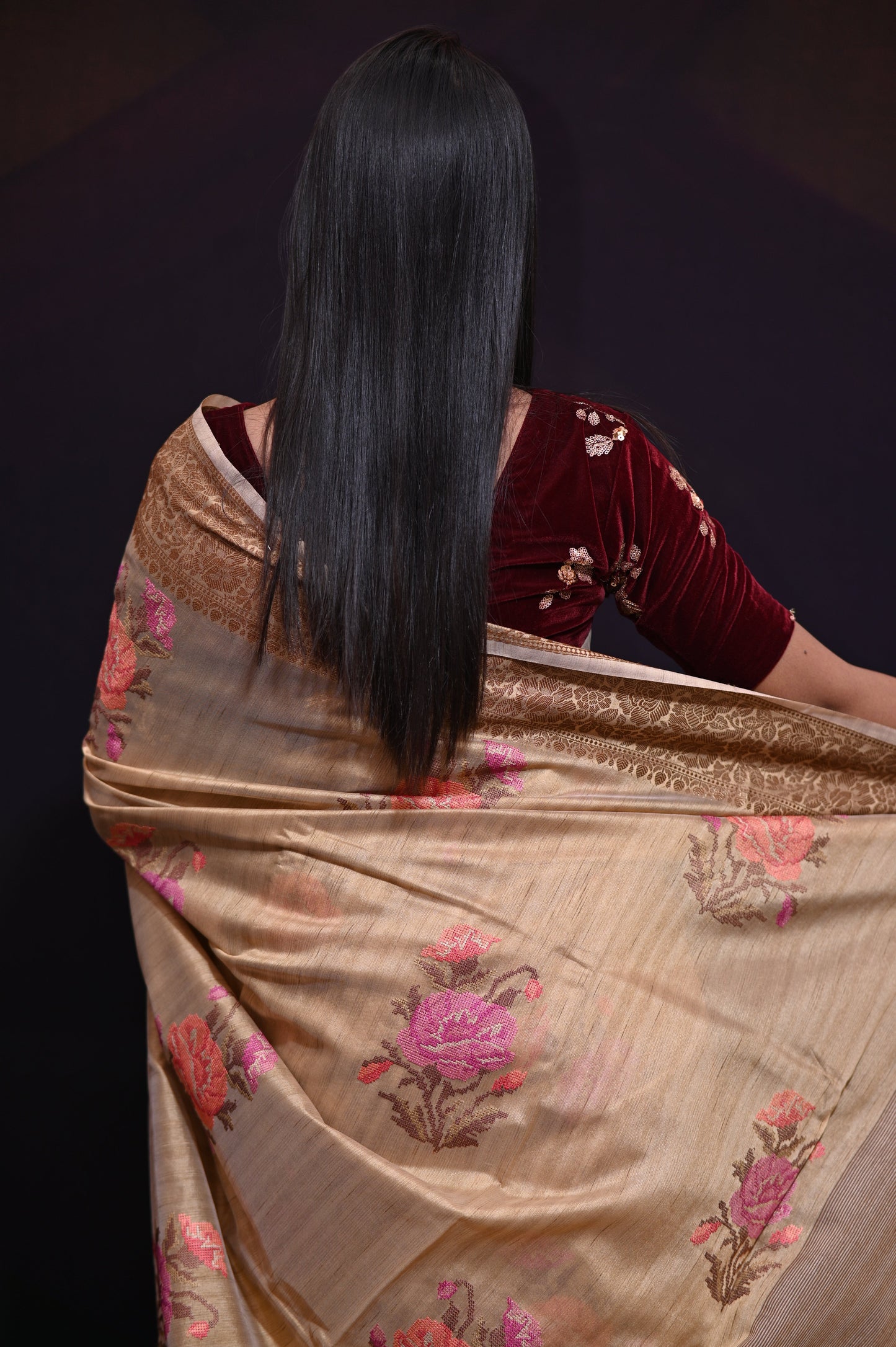 Brown Embroidered Tussar Saree - Kavaach Kashi