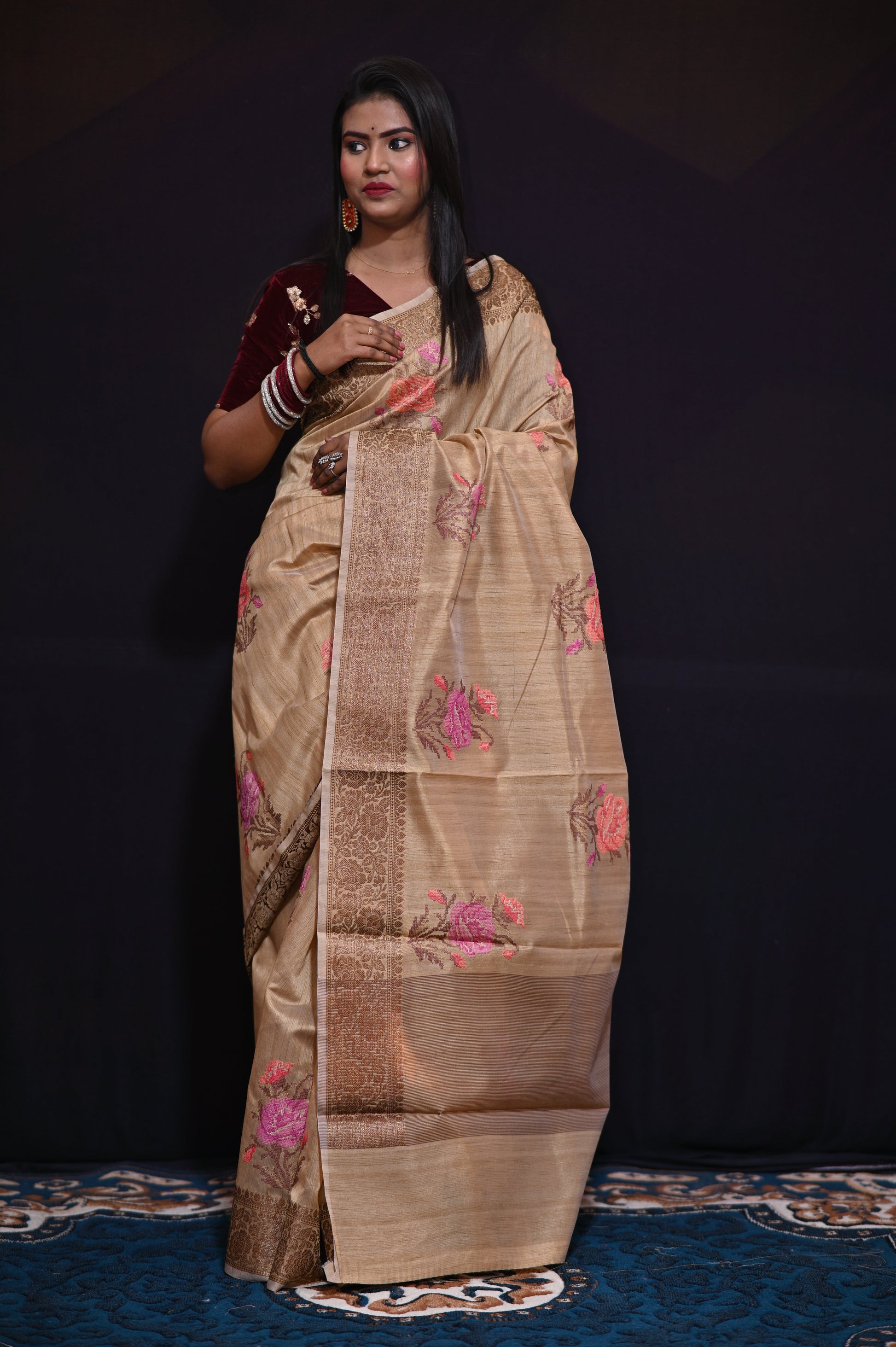 Brown Embroidered Tussar Saree - Kavaach Kashi