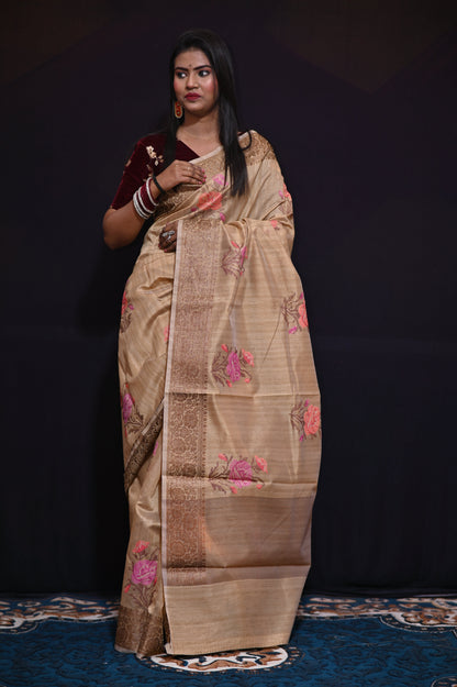 Brown Embroidered Tussar Saree - Kavaach Kashi