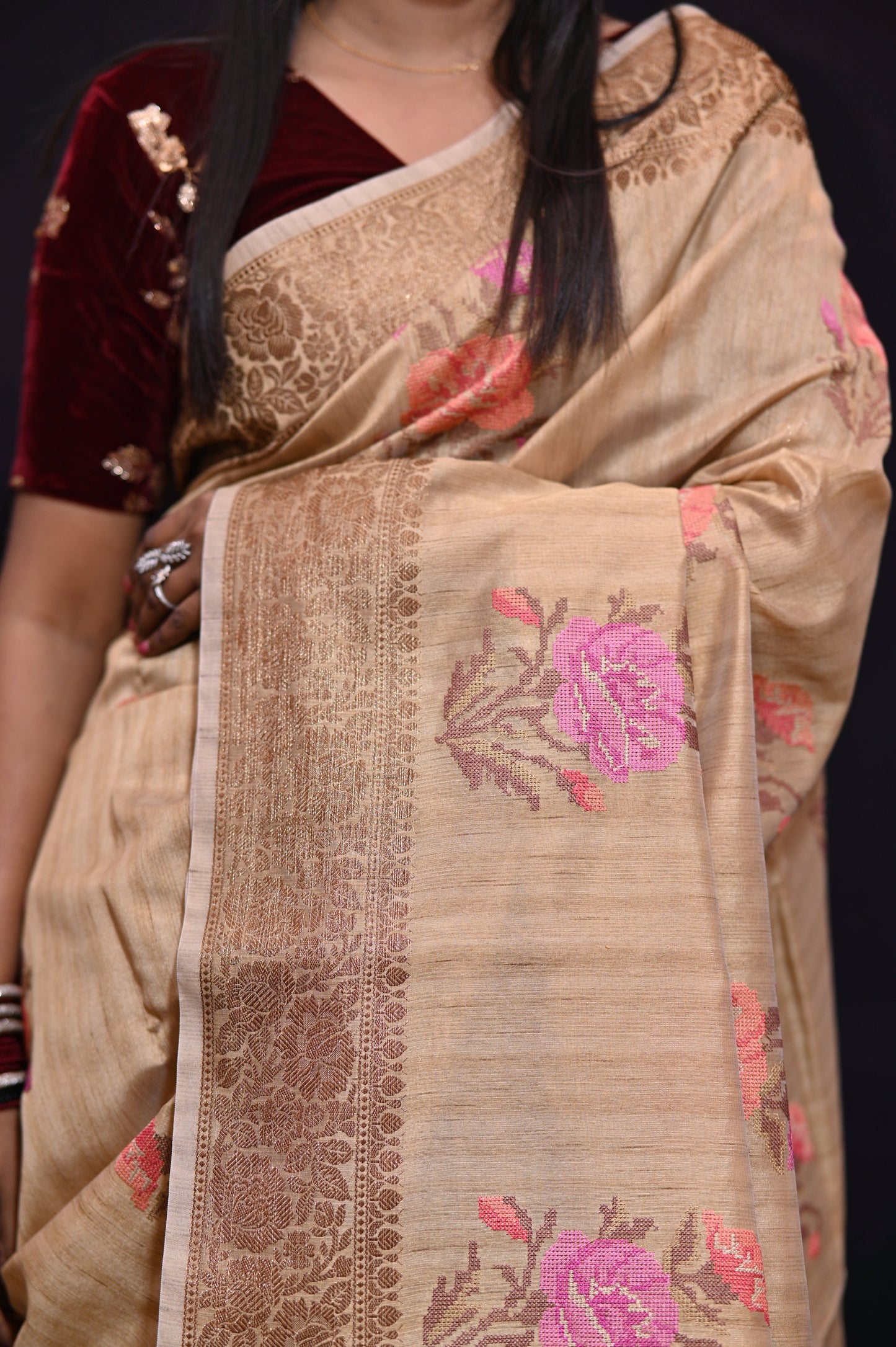 Brown Embroidered Tussar Saree - Kavaach Kashi