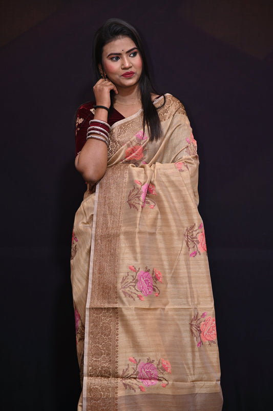 Brown Embroidered Tussar Saree - Kavaach Kashi