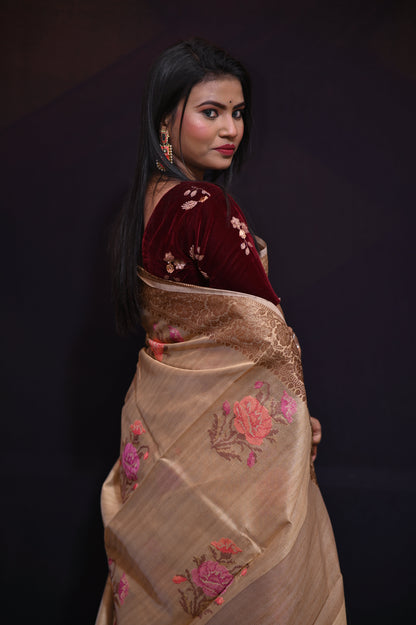 Brown Embroidered Tussar Saree - Kavaach Kashi