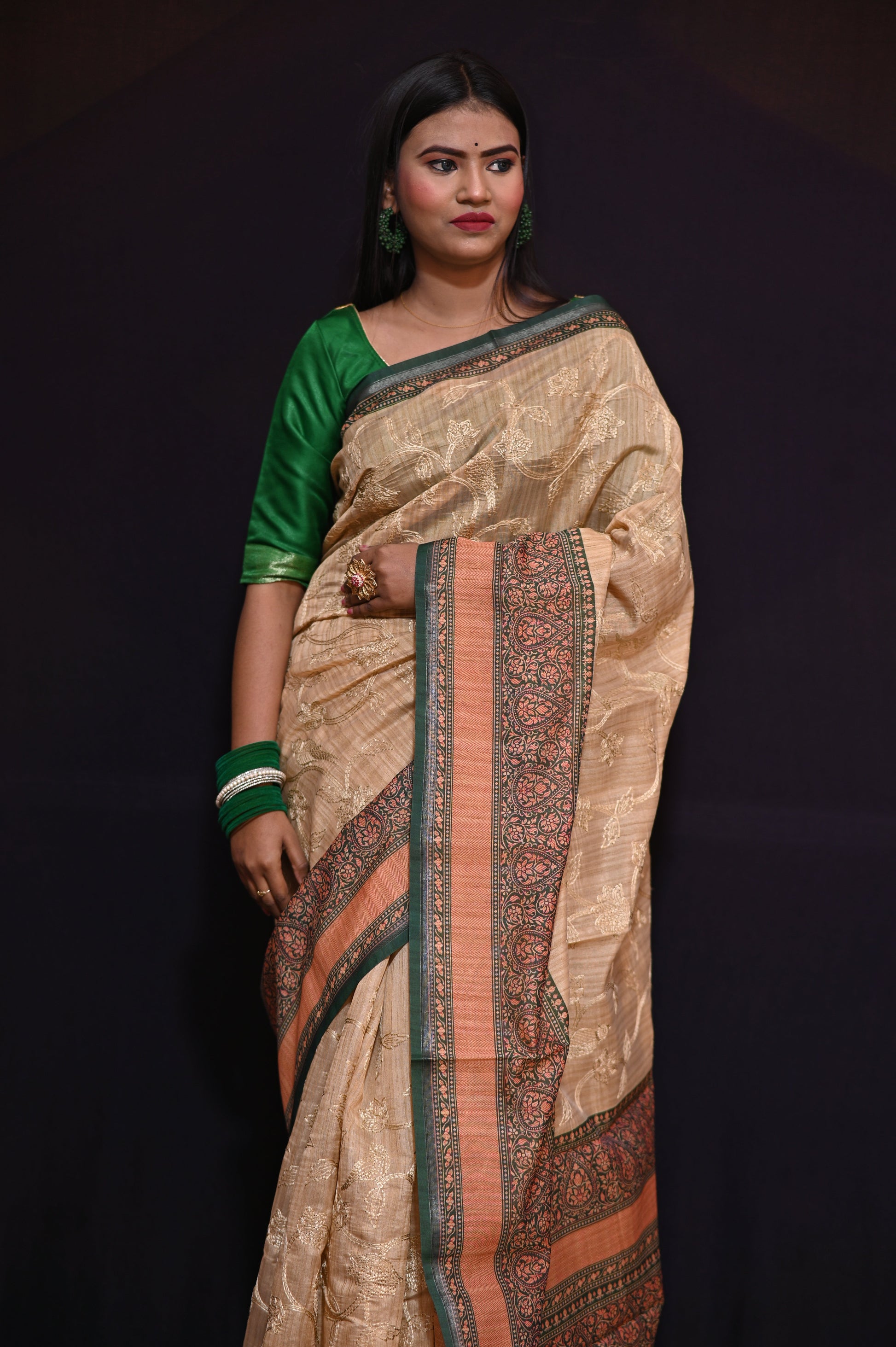 Brown Embroidered Tussar Silk Saree - Kavaach Kashi