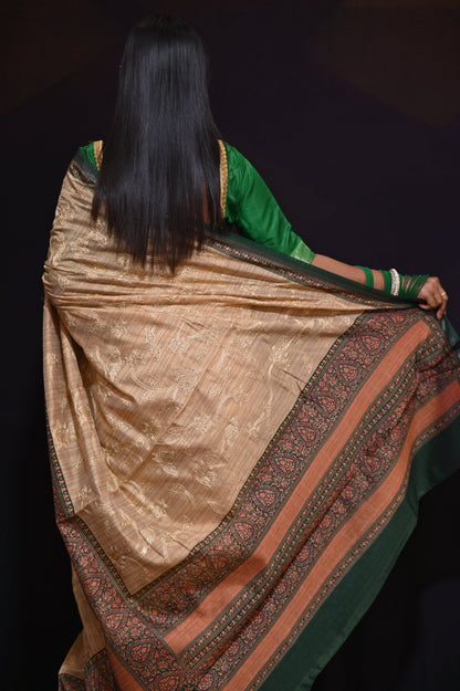 Brown Embroidered Tussar Silk Saree - Kavaach Kashi