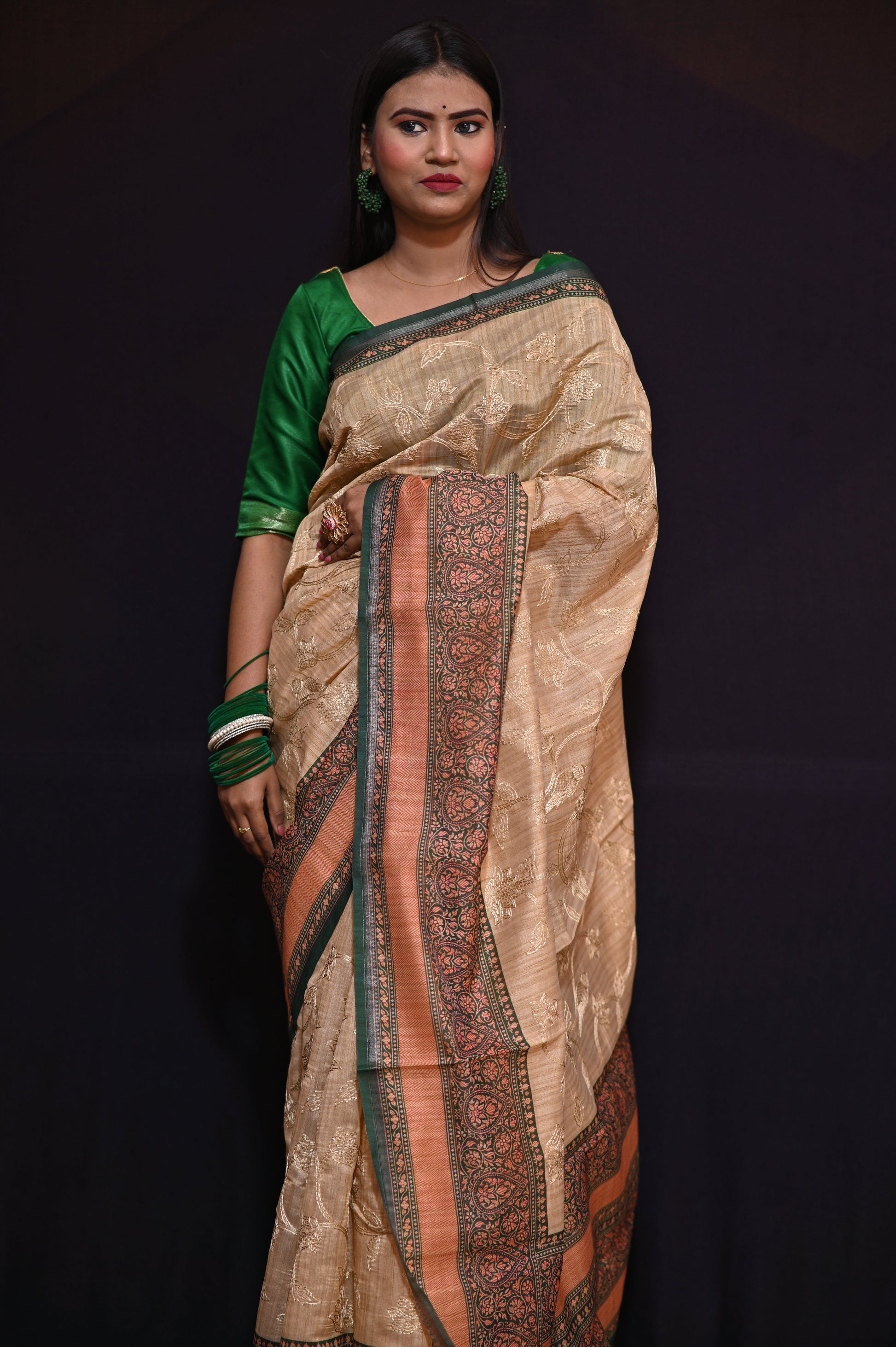 Brown Embroidered Tussar Silk Saree - Kavaach Kashi