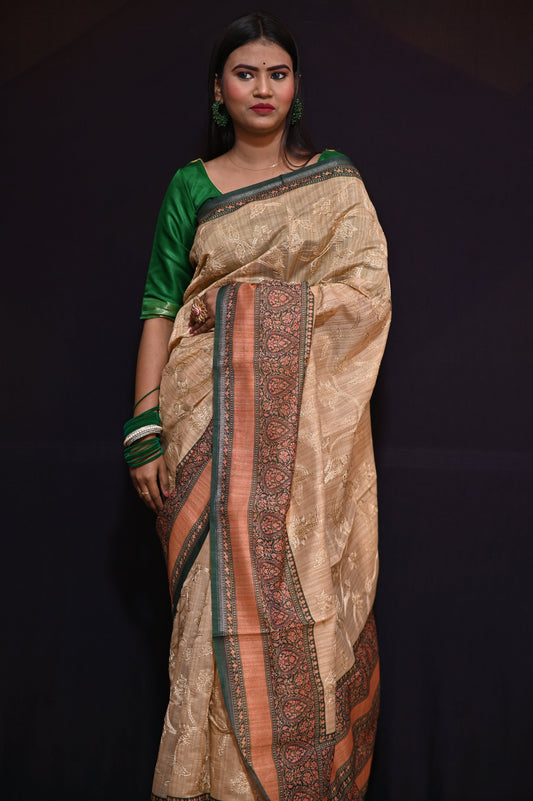 Brown Embroidered Tussar Silk Saree - Kavaach Kashi