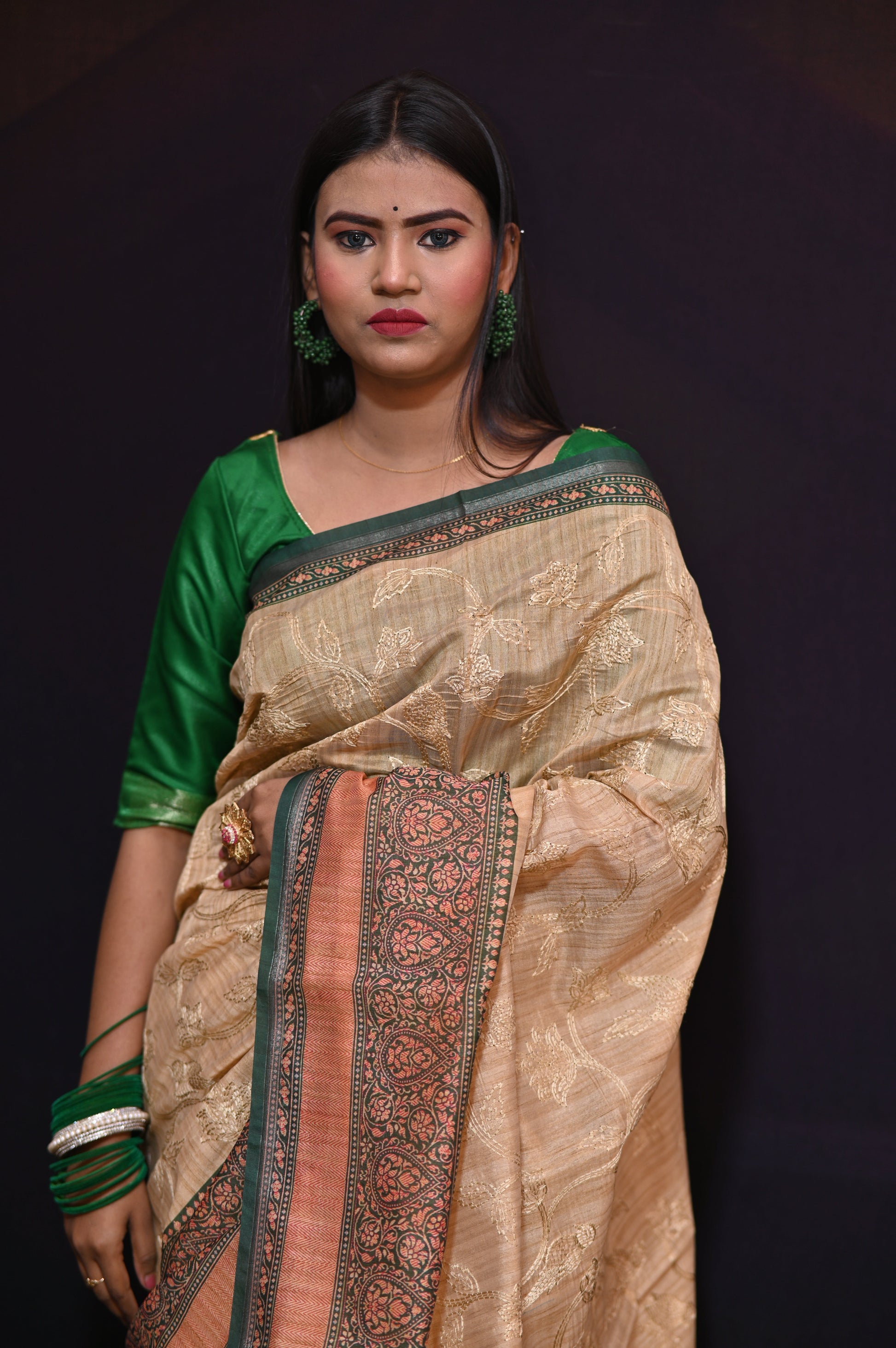 Brown Embroidered Tussar Silk Saree - Kavaach Kashi