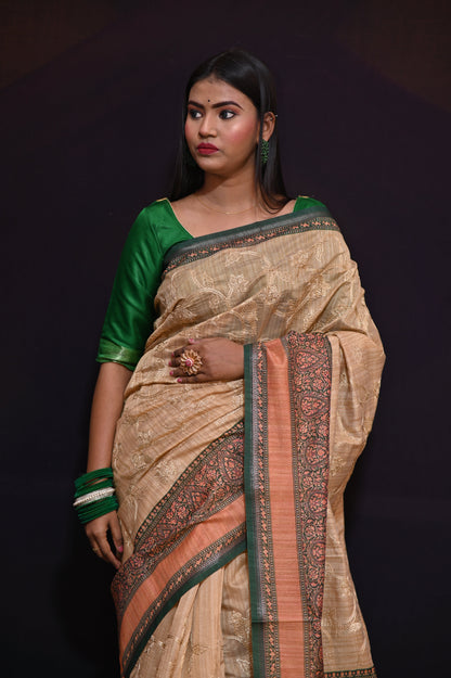 Brown Embroidered Tussar Silk Saree - Kavaach Kashi