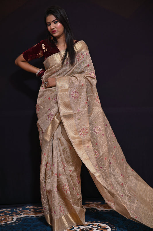 Brown Golden Embroidered Tissue Saree - Kavaach Kashi