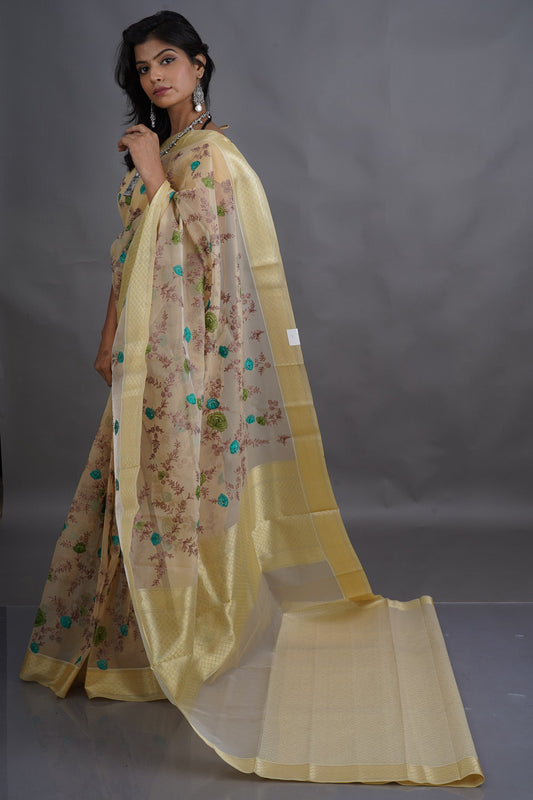 Cream Coloured Kora Silk Saree - Kavaach Kashi