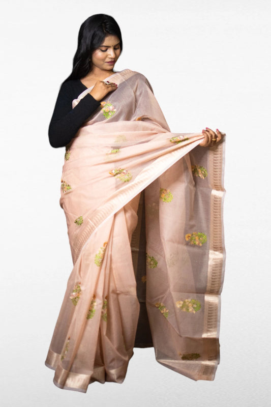 Cream Coloured Kota Doria Saree - Kavaach Kashi