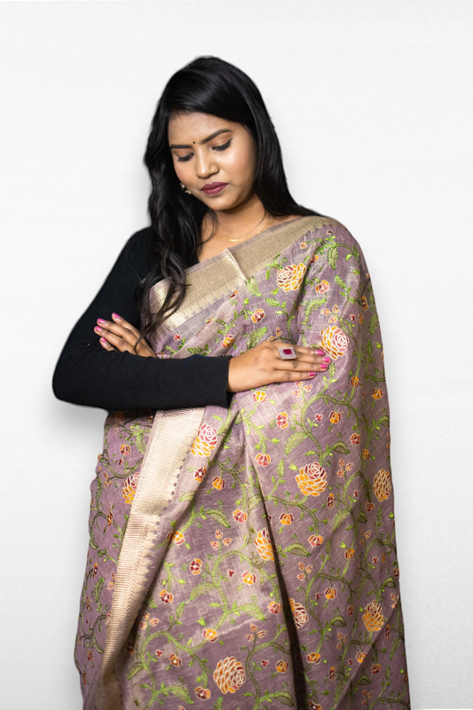 Dusty Rose Embroided Tissue Saree - Kavaach Kashi