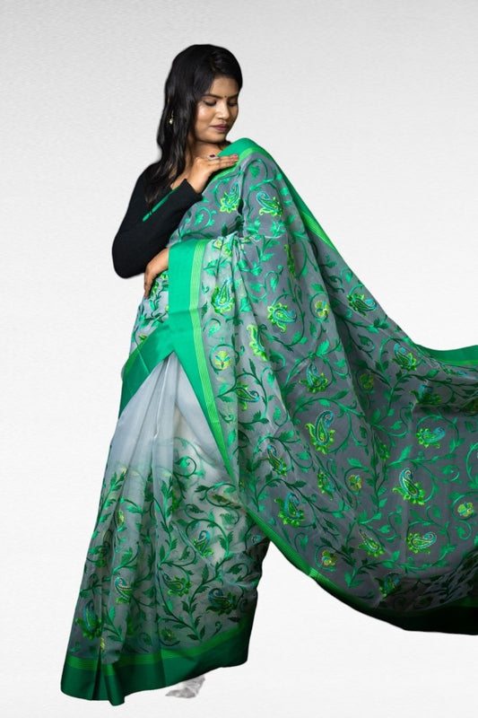 Emerald Elegance Kora Saree - Kavaach Kashi