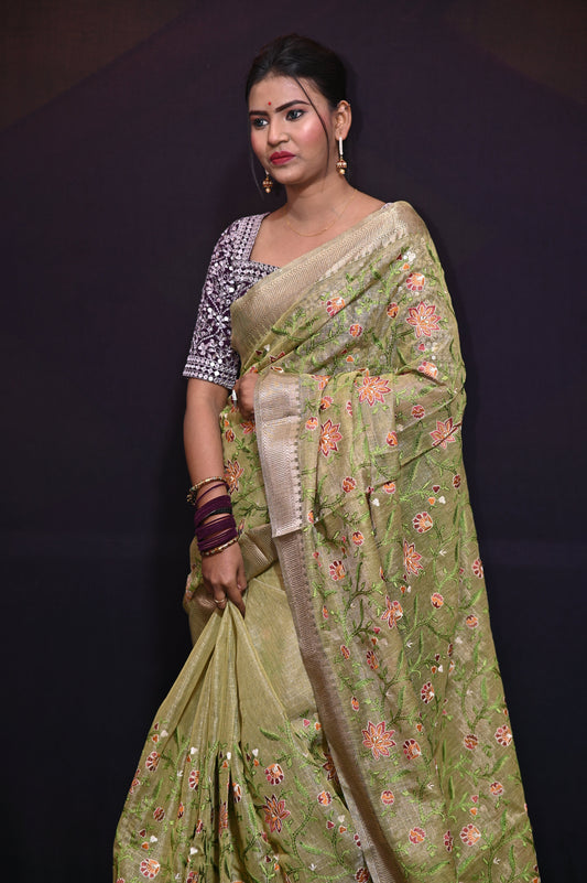 Green Embroidered Tissue Saree - Kavaach Kashi