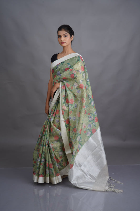 Green Printed Tissue Saree - Kavaach Kashi