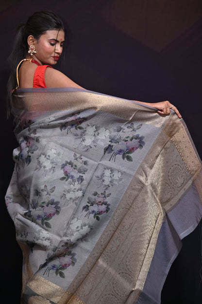 Greenish Grey Kora Saree - Kavaach Kashi