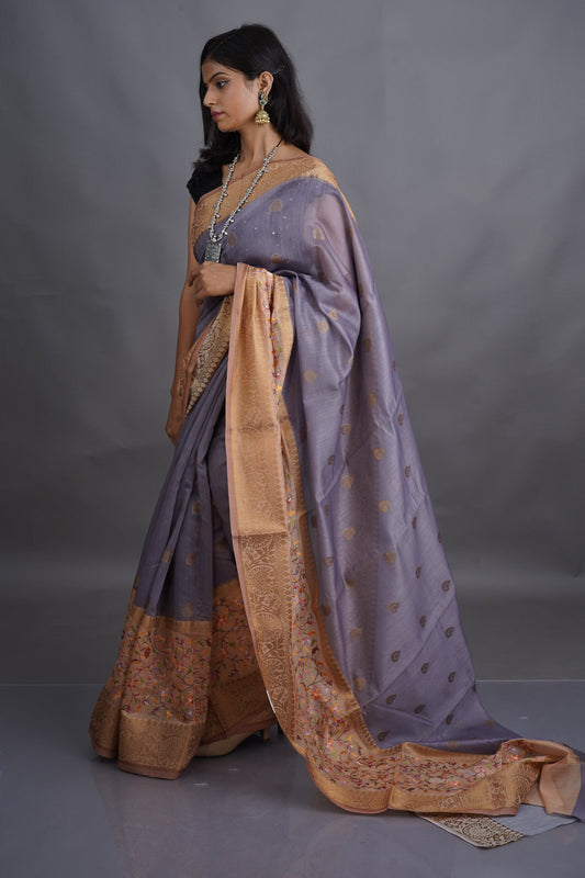 Grey Embroidered Chanderi Saree - Kavaach Kashi