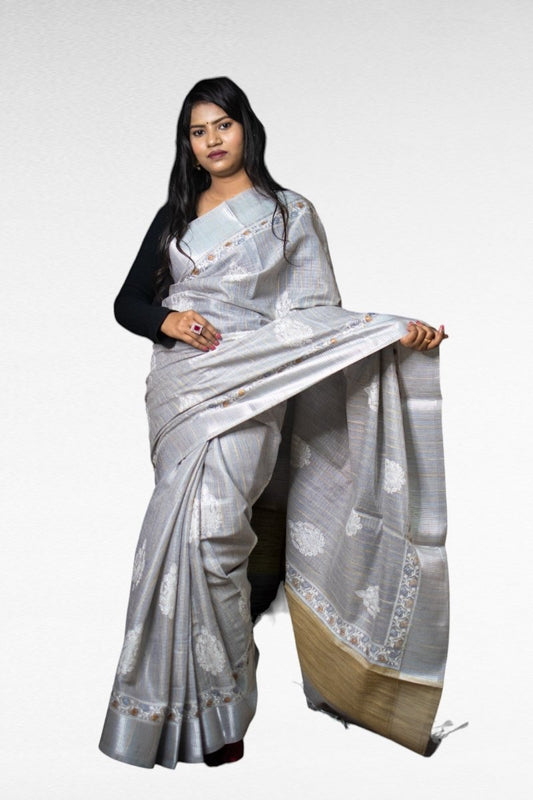 Grey Jharna Embroidered Tissue Saree - Kavaach Kashi