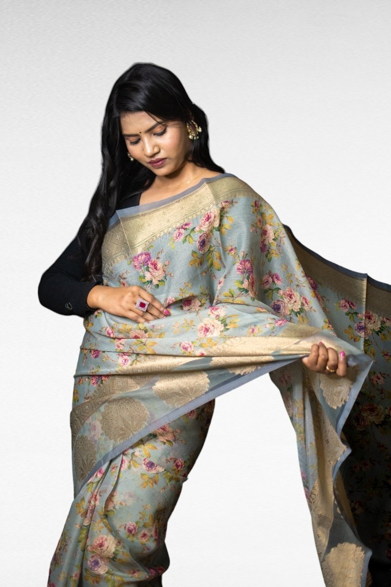 Grey Kora Tanchui Silk Saree - Kavaach Kashi