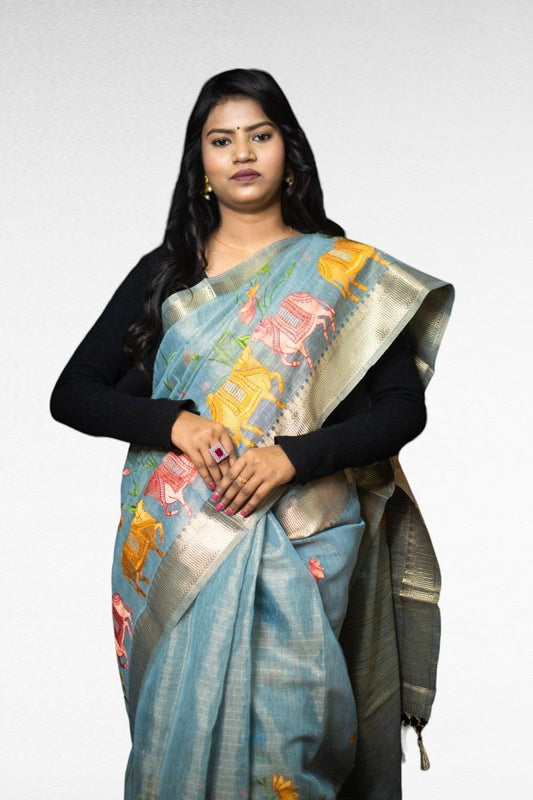 Light Blue Pichwai Tissue Silk Saree - Kavaach Kashi