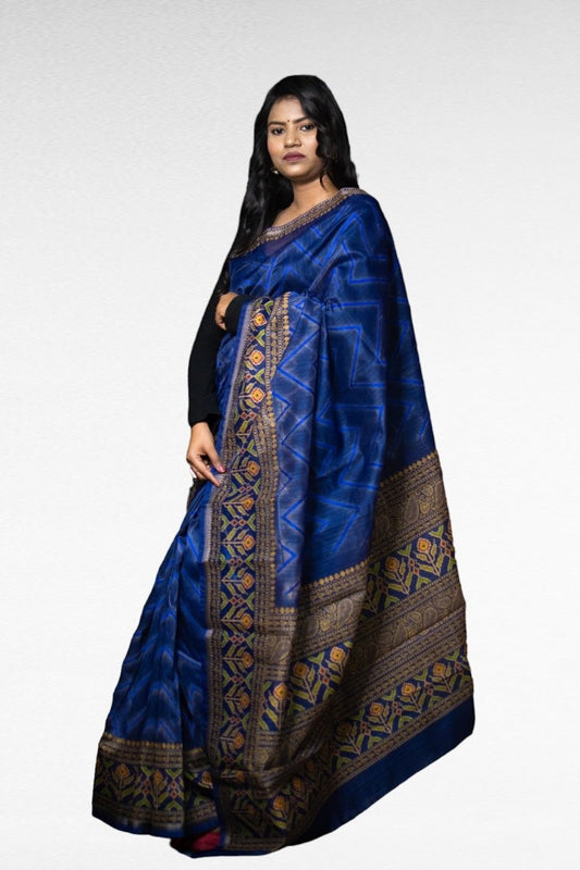 Navy Blue Embroided Tussar Saree - Kavaach Kashi