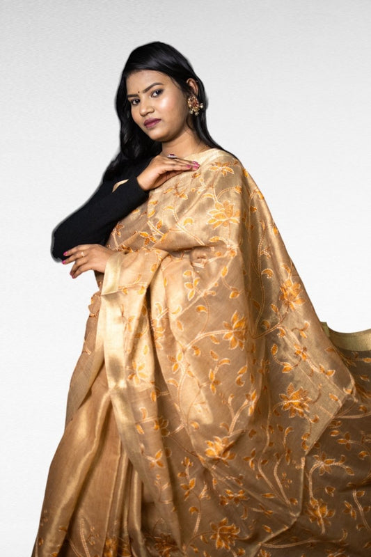 Orangish Yellow Tissue Silk Saree - Kavaach Kashi