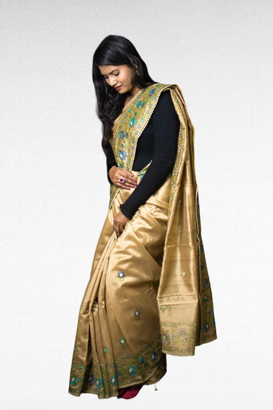 Pale Gold Embroidered Tussar Saree - Kavaach Kashi