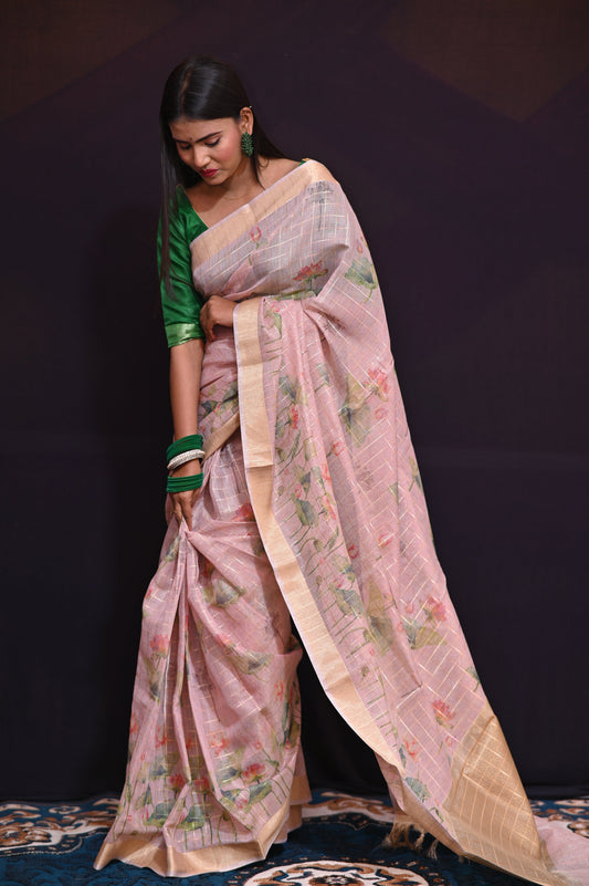 Peach Coloured Checkered Tissue Saree - Kavaach Kashi