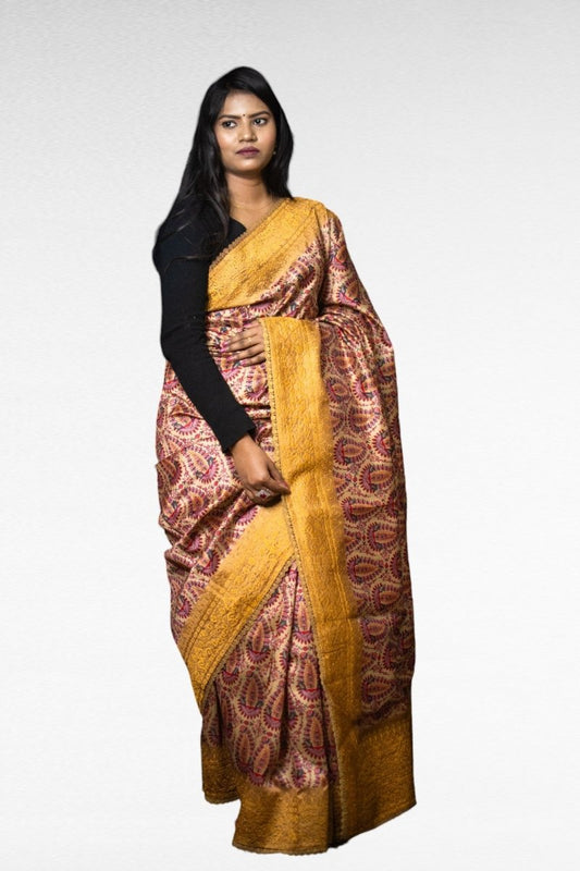 Peachy Cocoa Delight Tussar Saree - Kavaach Kashi