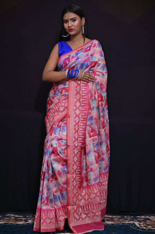 Pink Abstract Printed Chanderi Saree - Kavaach Kashi