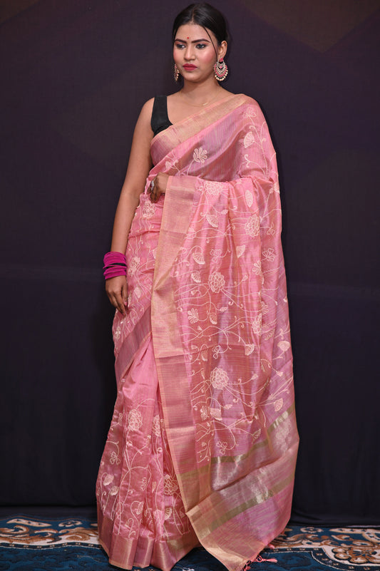 Pink Embroidered Tussar Silk Saree - Kavaach Kashi