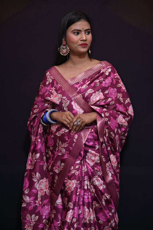 Pink Floral Silk Saree - Kavaach Kashi