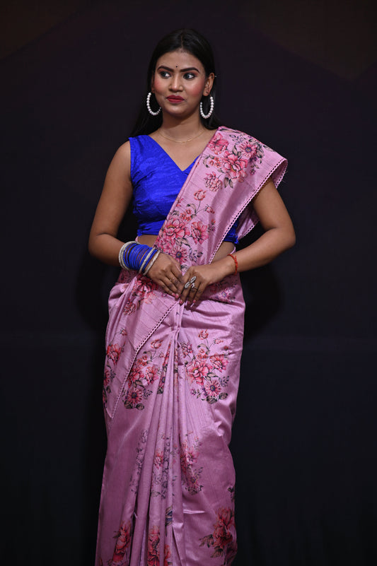 Pink Floral Soft Matka Silk Saree - Kavaach Kashi