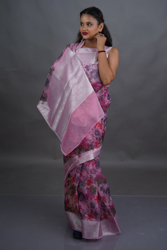 Pink Kora Silk Saree - Kavaach Kashi