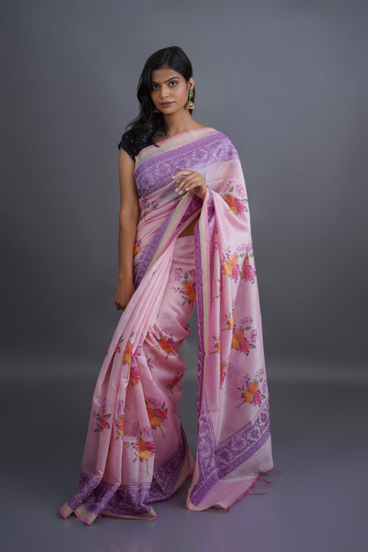 Pink Purple Chanderi Saree - Kavaach Kashi