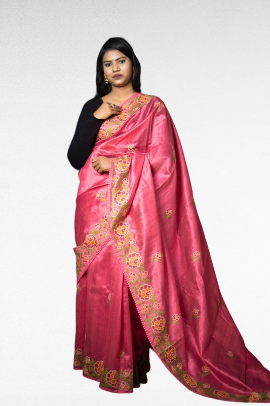 Pink Tussar Silk Saree - Kavaach Kashi