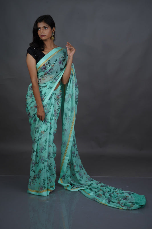 Sea Green Chiffon Saree - Kavaach Kashi