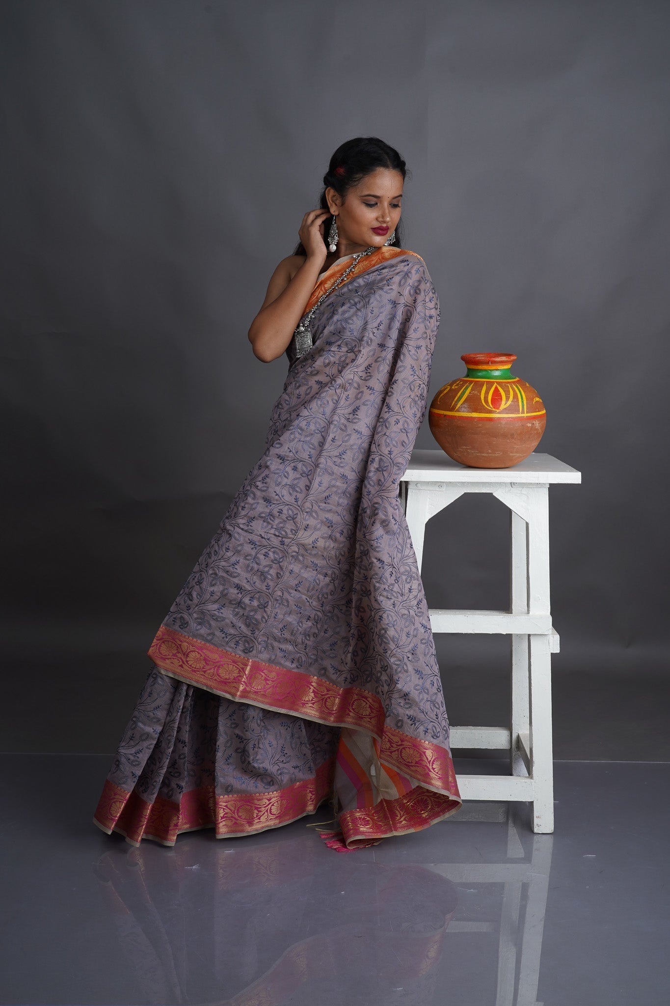 Slate Grey Embroidered Chanderi Saree - Kavaach Kashi