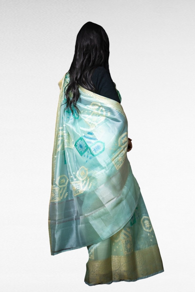 Teal Embroidered Kora Saree - Kavaach Kashi