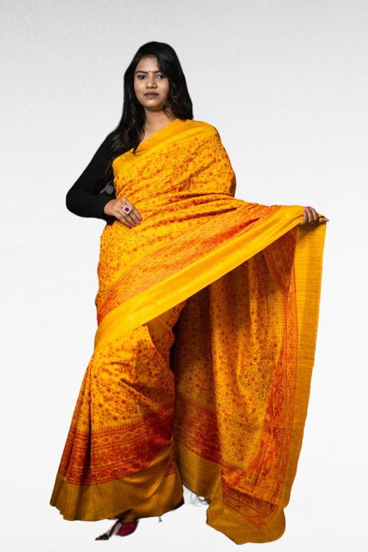 Yellow Embroidered Linen Silk Saree - Kavaach Kashi