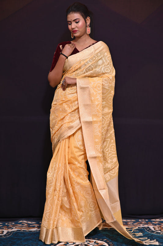 Yellow Embroidered Tussar Silk Saree - Kavaach Kashi